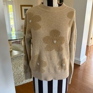 NANETTE LEPORE Camel Pearl Embellished Flower Pullover Sweater Size X Smal